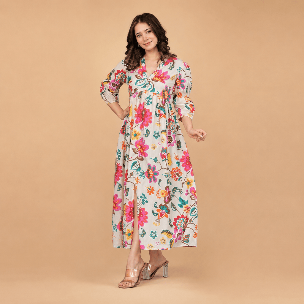 Women’s Floral Printed Midi Dress – V-Neck 3/4 Sleeve Casual Summer Dress for Women - Vastra