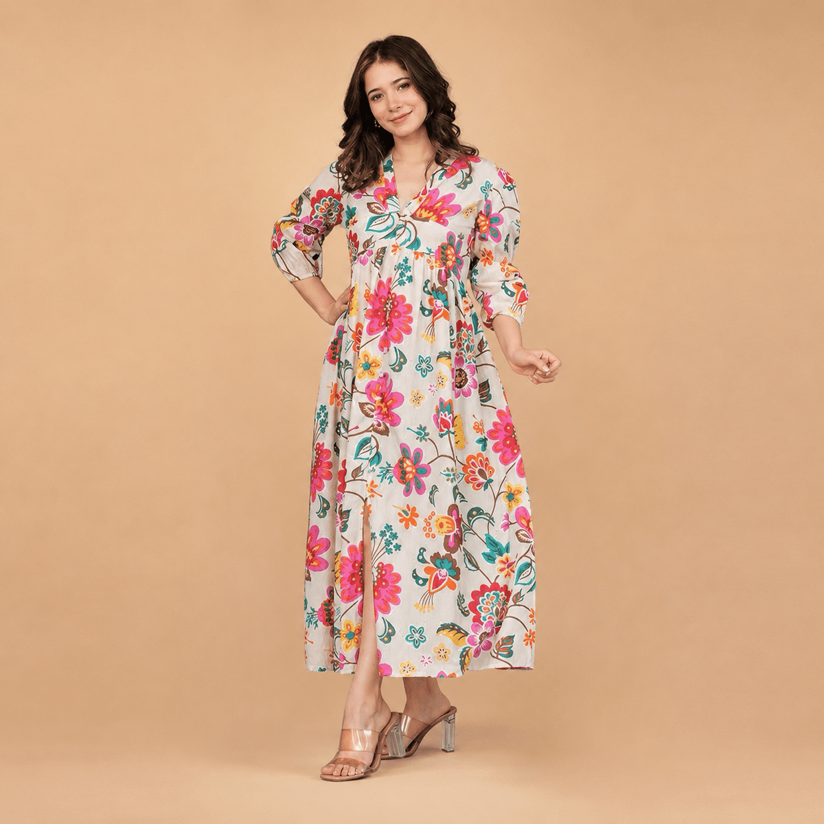 Women’s Floral Printed Midi Dress – V-Neck 3/4 Sleeve Casual Summer Dress for Women - Vastra