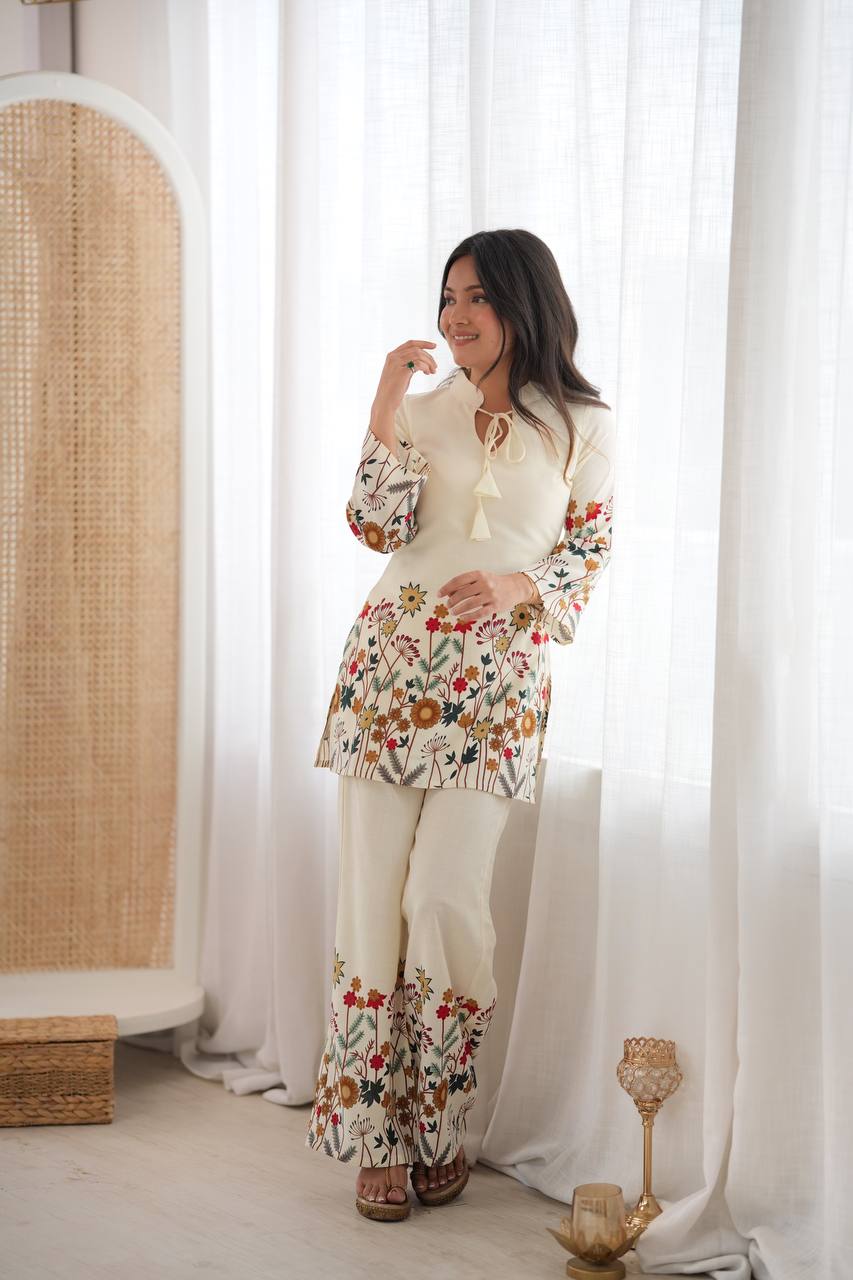 Elegant Floral Cotton Kurta Pant Set with Dori Detail | Ethnic Palazzo Set - Vastra