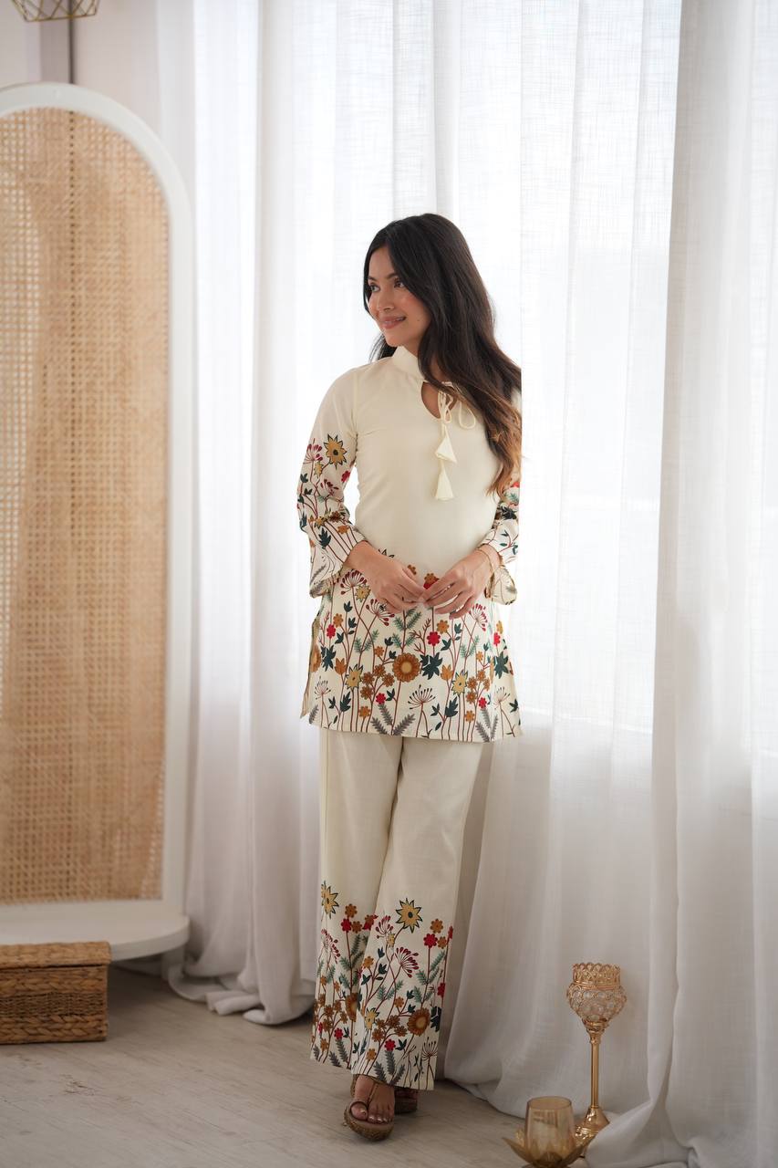 Elegant Floral Cotton Kurta Pant Set with Dori Detail | Ethnic Palazzo Set - Vastra
