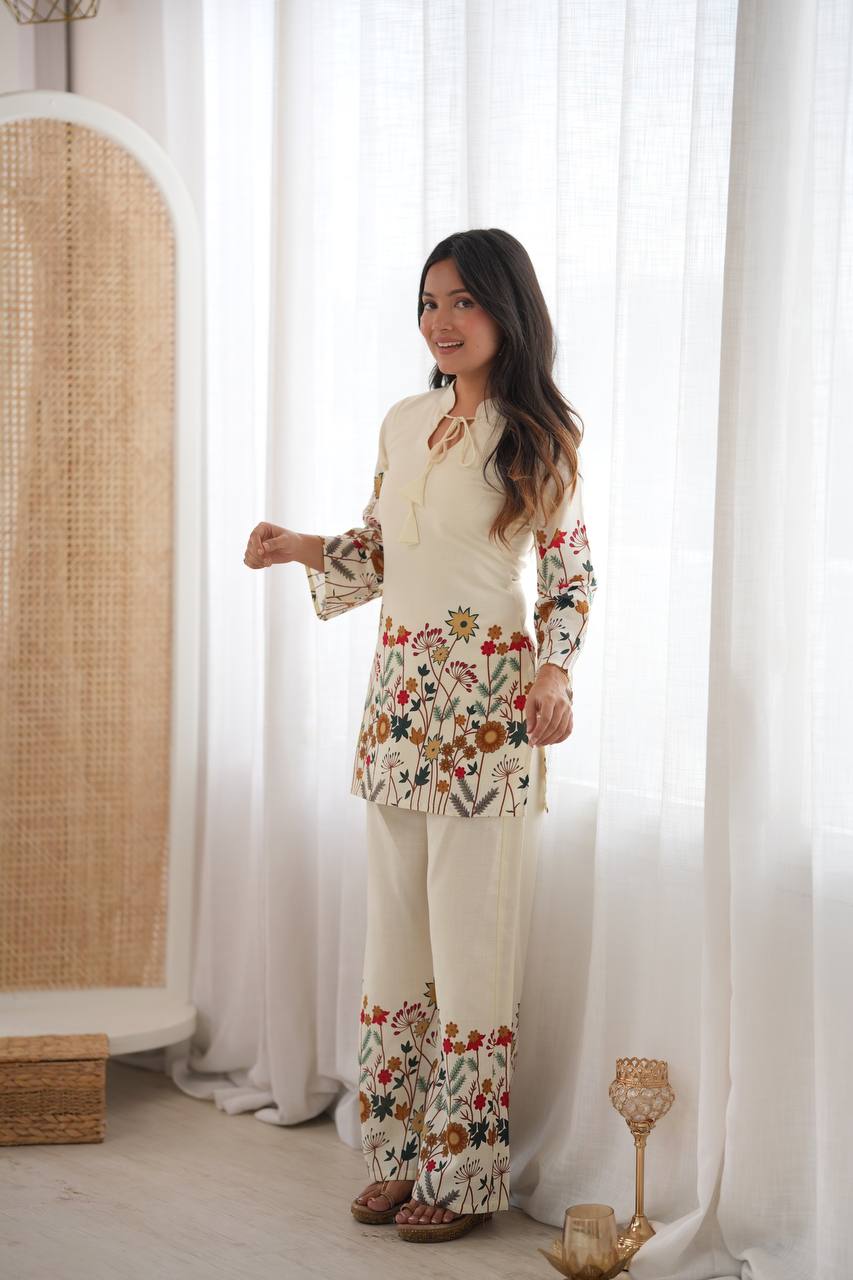 Elegant Floral Cotton Kurta Pant Set with Dori Detail | Ethnic Palazzo Set - Vastra