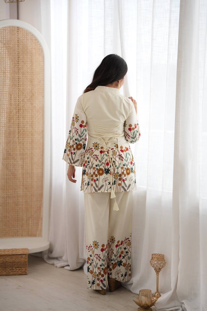 Elegant Floral Cotton Kurta Pant Set with Dori Detail | Ethnic Palazzo Set - Vastra