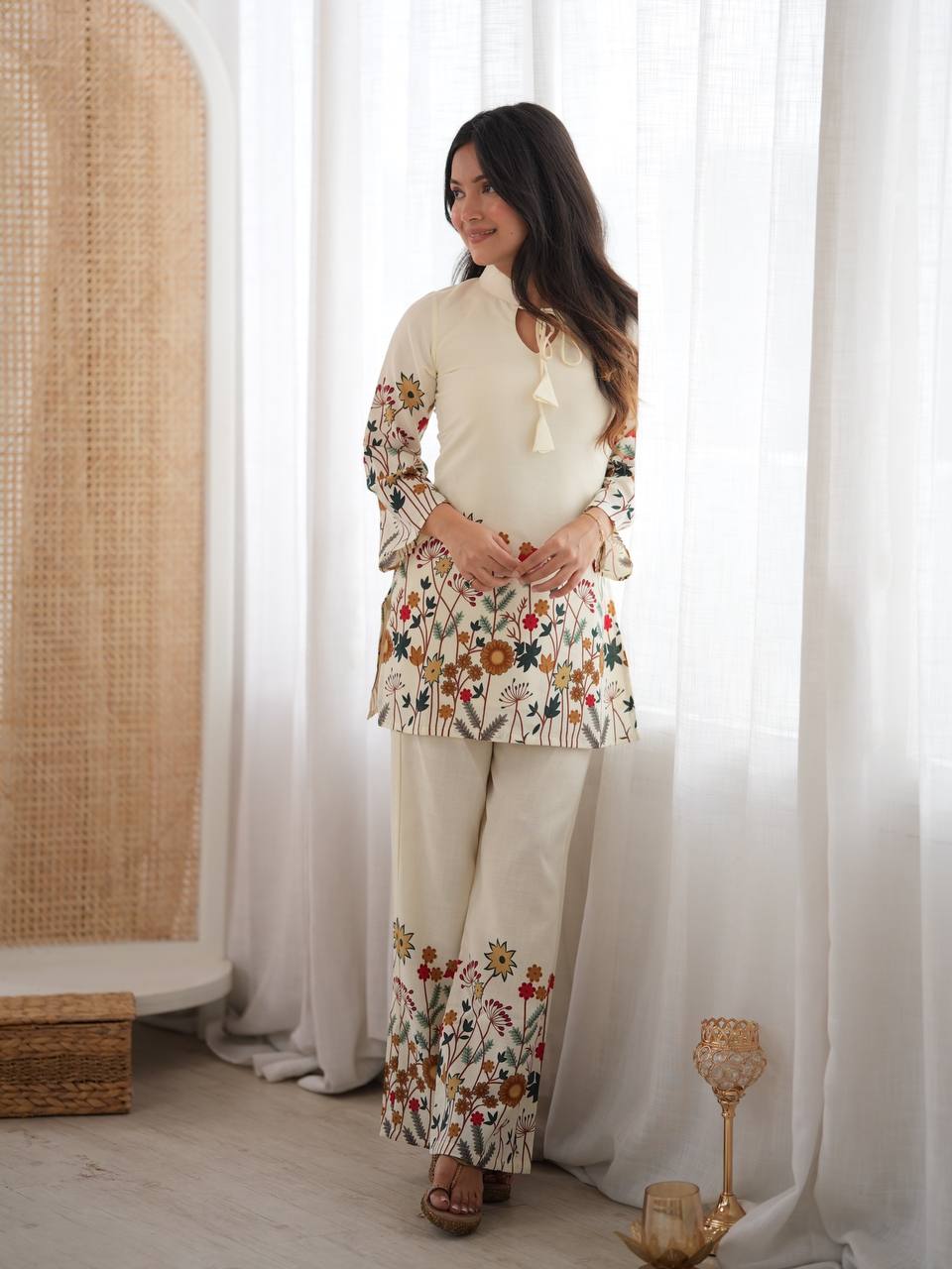 Elegant Floral Cotton Kurta Pant Set with Dori Detail | Ethnic Palazzo Set - Vastra