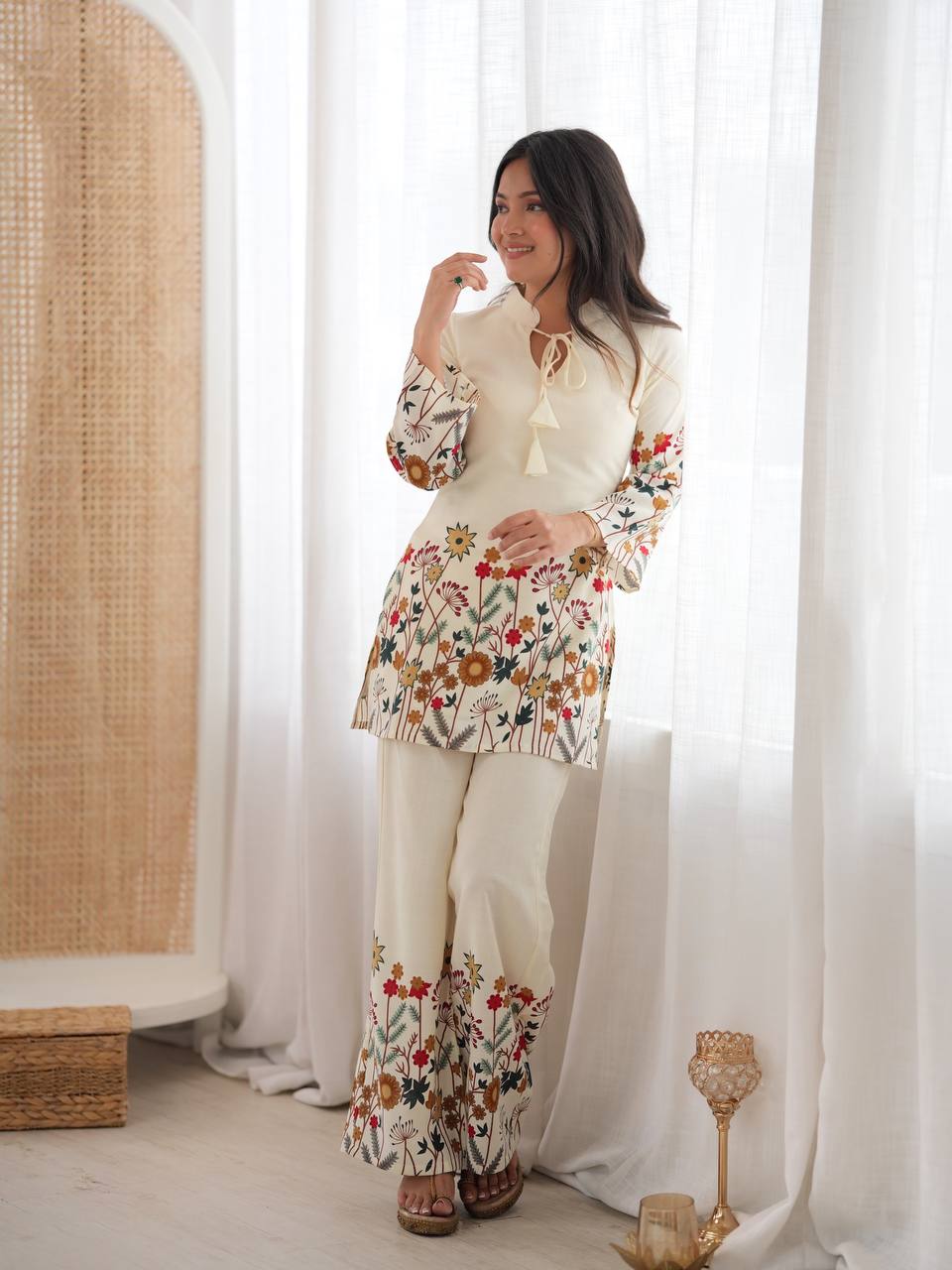 Elegant Floral Cotton Kurta Pant Set with Dori Detail | Ethnic Palazzo Set - Vastra