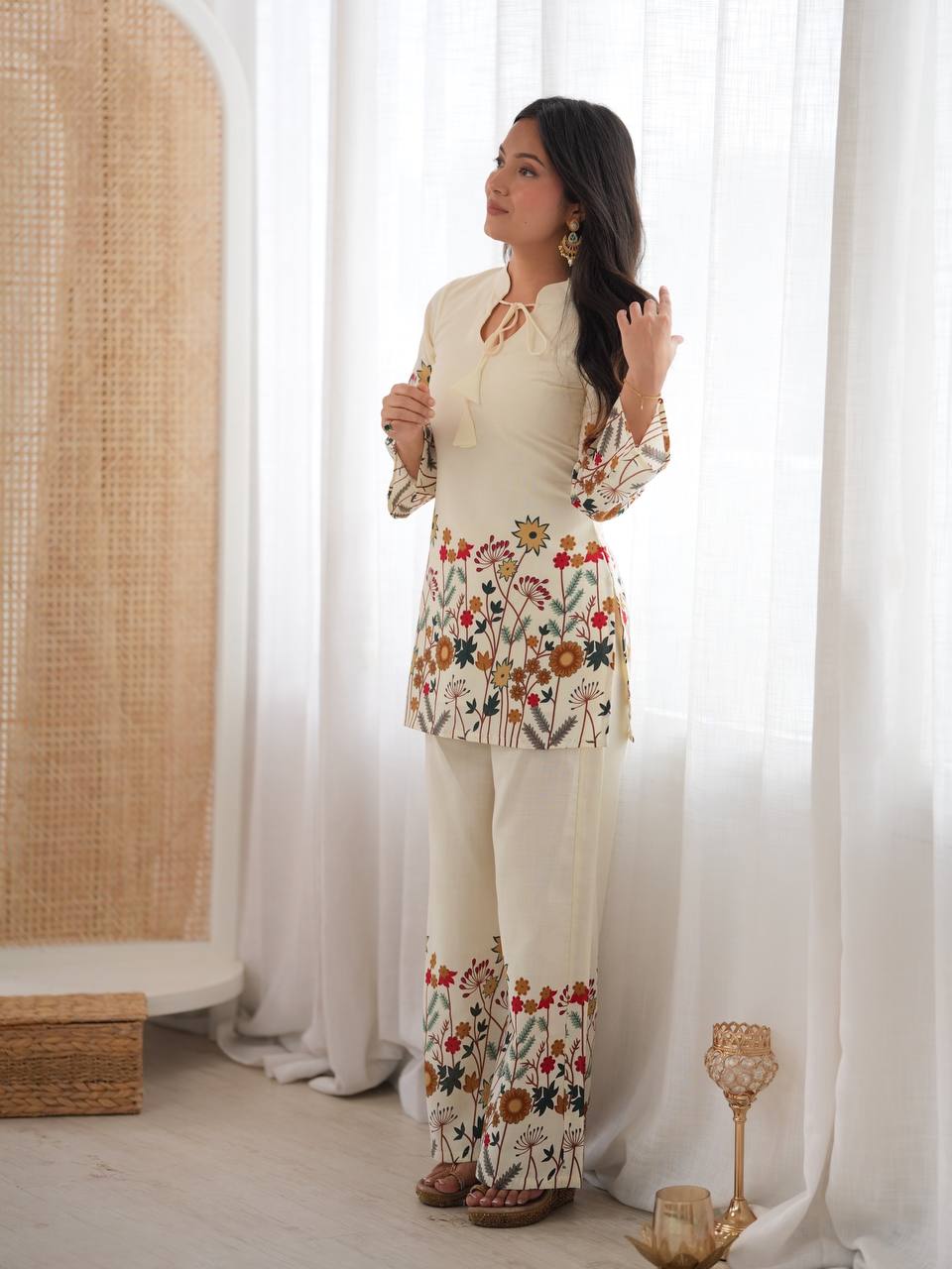 Elegant Floral Cotton Kurta Pant Set with Dori Detail | Ethnic Palazzo Set - Vastra