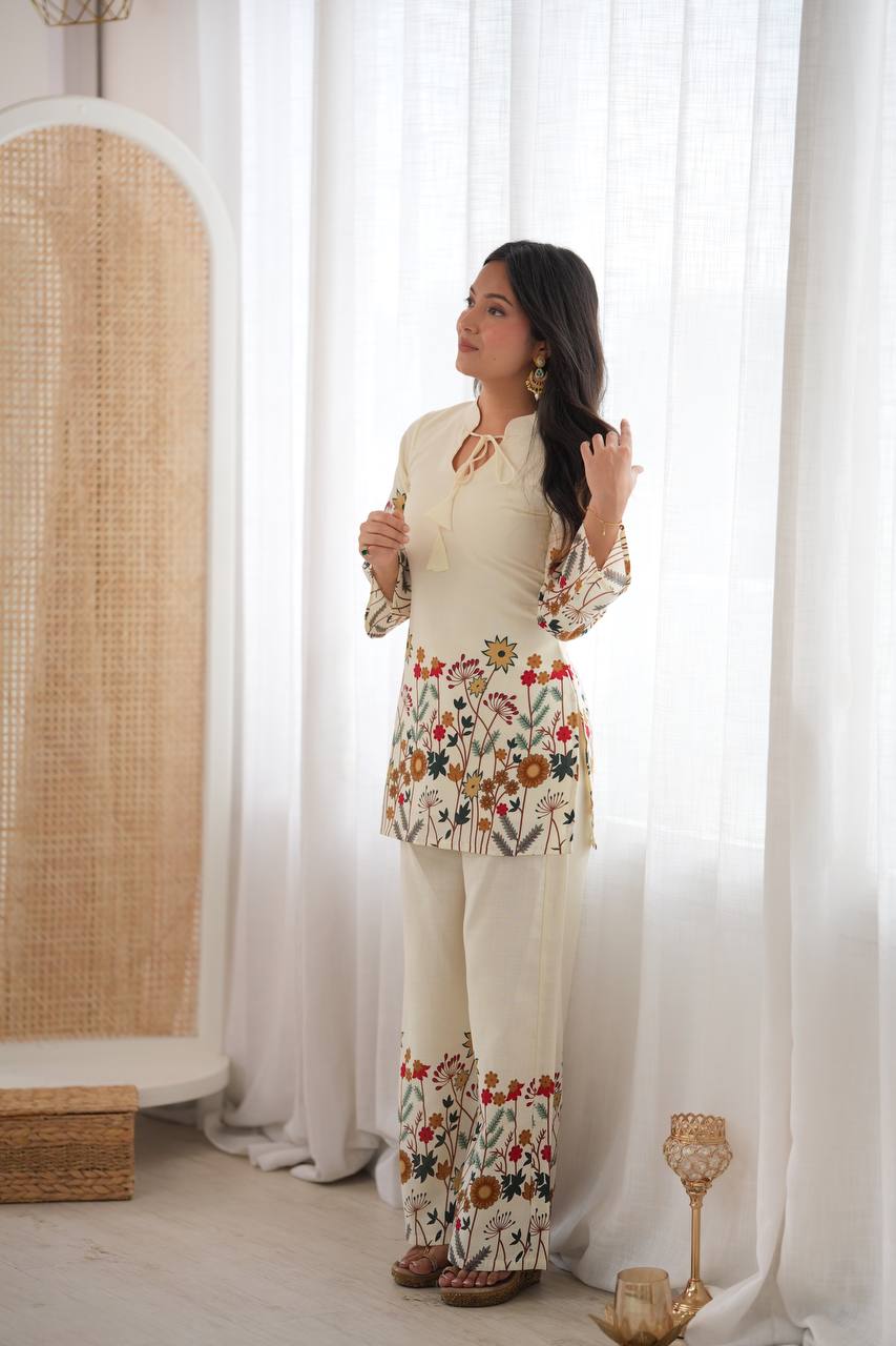 Elegant Floral Cotton Kurta Pant Set with Dori Detail | Ethnic Palazzo Set - Vastra