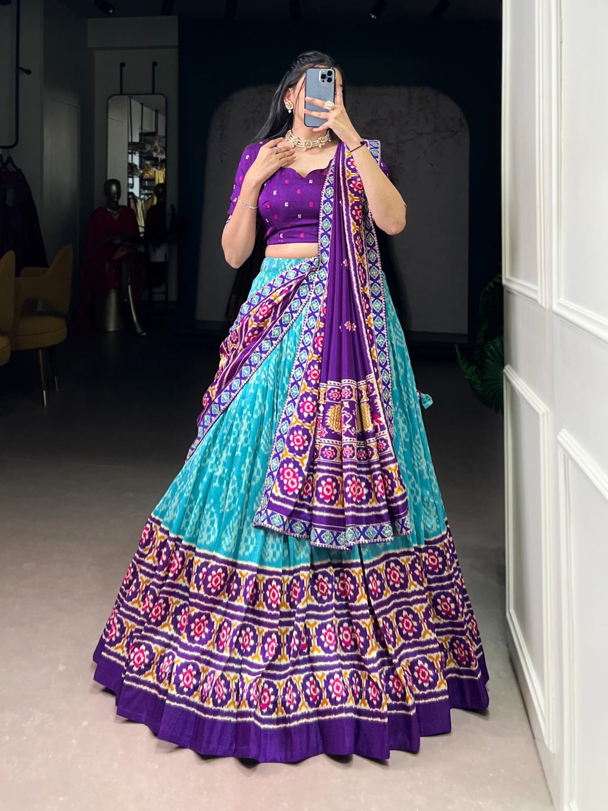 Women's Multicolour Traditional Patola Print Lehenga Choli with Maroon Blouse & Dupatta | Navratri Garba Dress - Vastra