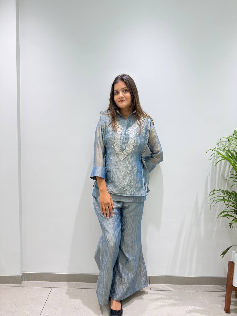 Women’s Premium Salsa Silk Embroidered 3-Piece Set | Shirt, Shrug & Palazzo Pant - Vastra
