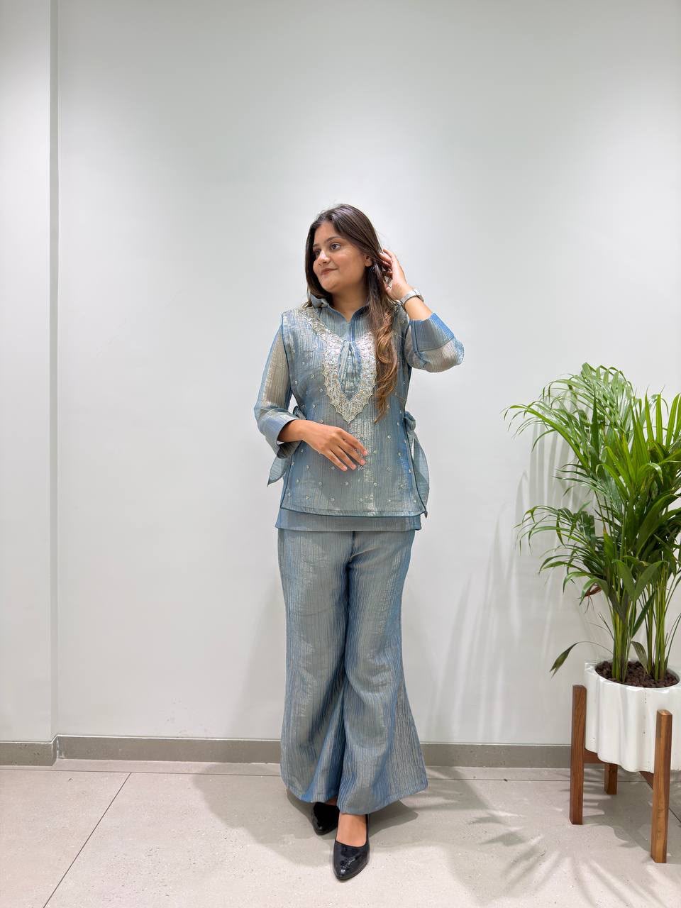 Women’s Premium Salsa Silk Embroidered 3-Piece Set | Shirt, Shrug & Palazzo Pant - Vastra