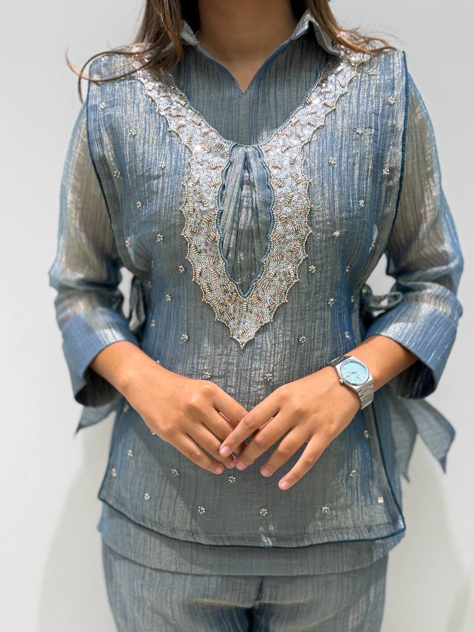 Women’s Premium Salsa Silk Embroidered 3-Piece Set | Shirt, Shrug & Palazzo Pant - Vastra
