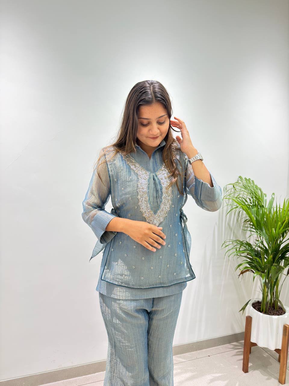 Women’s Premium Salsa Silk Embroidered 3-Piece Set | Shirt, Shrug & Palazzo Pant - Vastra