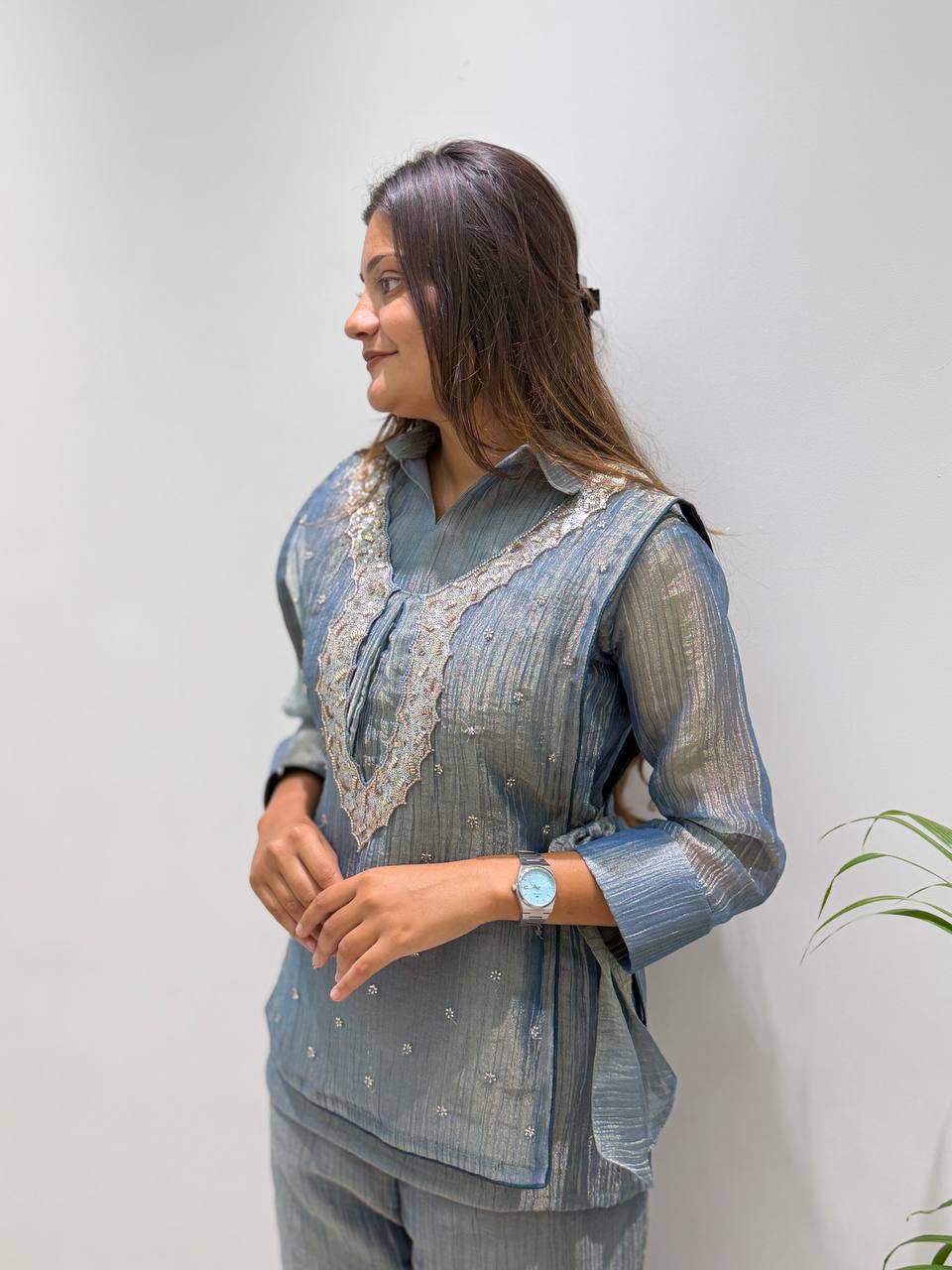 Women’s Premium Salsa Silk Embroidered 3-Piece Set | Shirt, Shrug & Palazzo Pant - Vastra