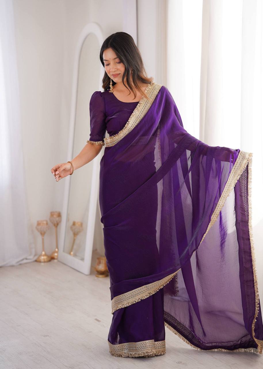 Women’s Purple Fandy Satin Silk Saree with Fancy Sequins Lace Border & Unstitched Blouse - Vastra