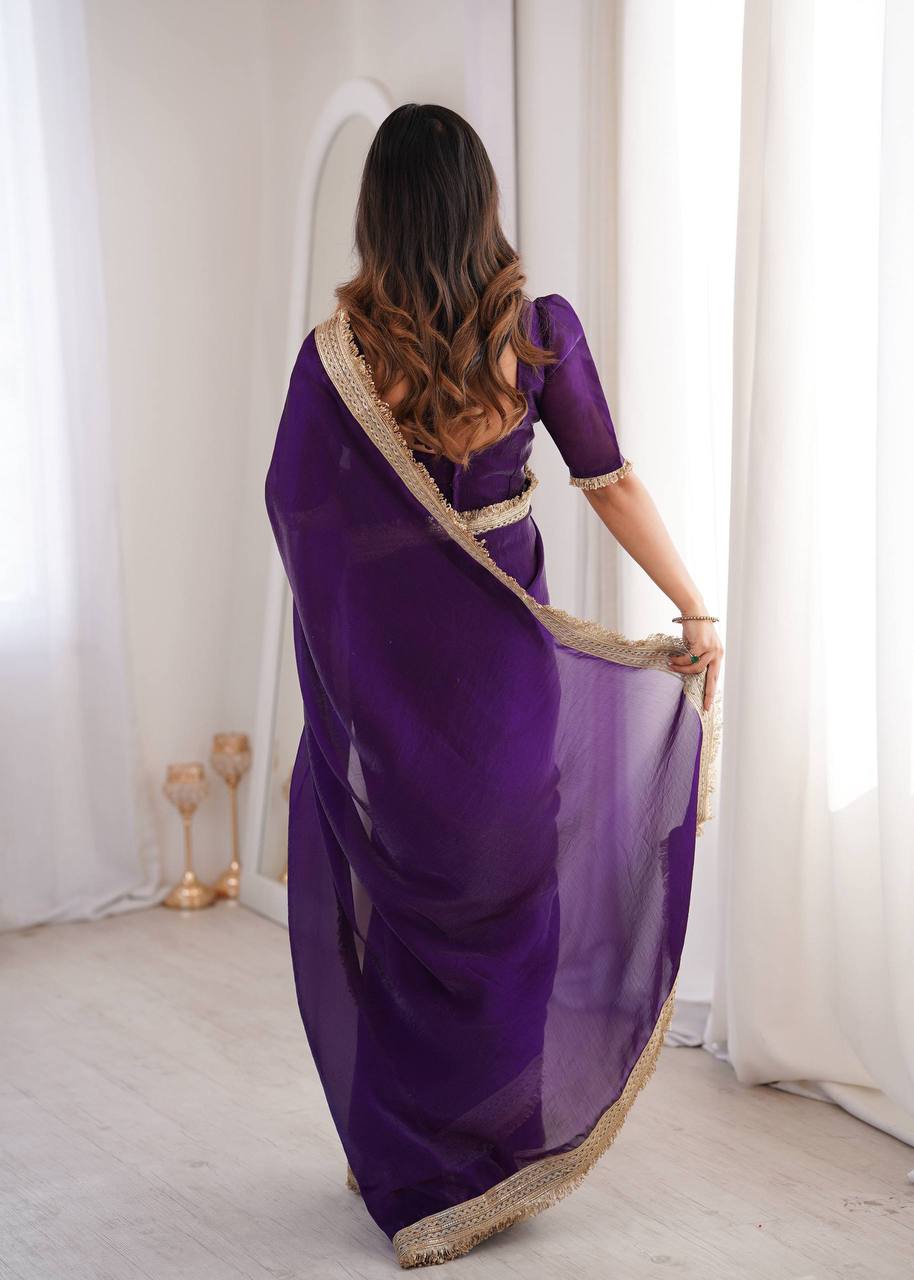 Women’s Purple Fandy Satin Silk Saree with Fancy Sequins Lace Border & Unstitched Blouse - Vastra