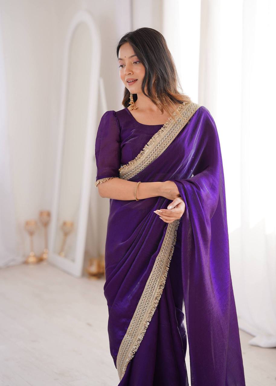 Women’s Purple Fandy Satin Silk Saree with Fancy Sequins Lace Border & Unstitched Blouse - Vastra