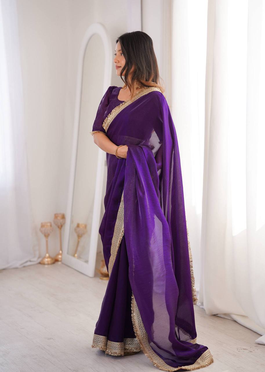 Women’s Purple Fandy Satin Silk Saree with Fancy Sequins Lace Border & Unstitched Blouse - Vastra