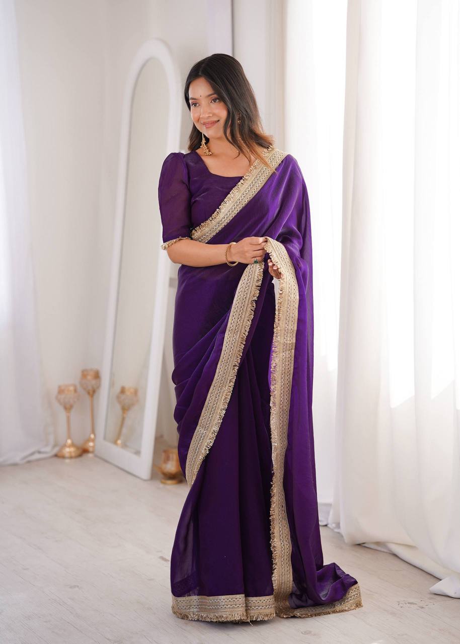 Women’s Purple Fandy Satin Silk Saree with Fancy Sequins Lace Border & Unstitched Blouse - Vastra