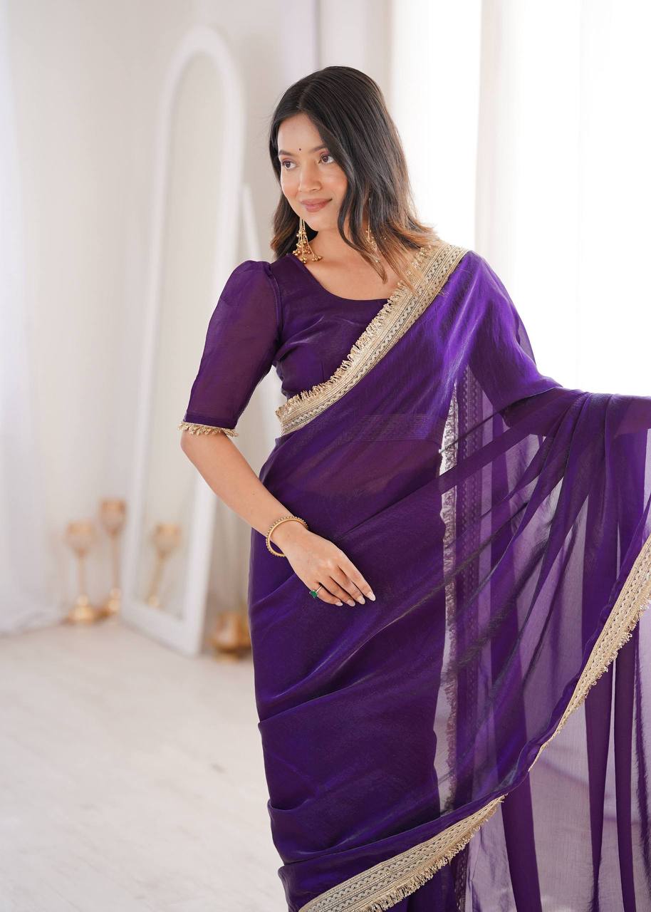 Women’s Purple Fandy Satin Silk Saree with Fancy Sequins Lace Border & Unstitched Blouse - Vastra