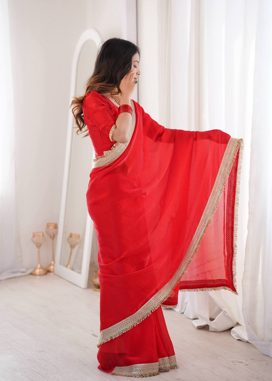 Women’s Red Fandy Satin Silk Saree with Fancy Sequins Lace Border & Unstitched Blouse - Vastra