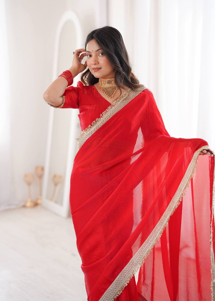 Women’s Red Fandy Satin Silk Saree with Fancy Sequins Lace Border & Unstitched Blouse - Vastra