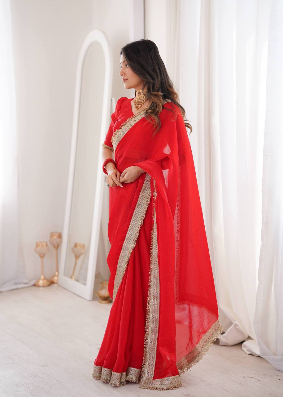 Women’s Red Fandy Satin Silk Saree with Fancy Sequins Lace Border & Unstitched Blouse - Vastra