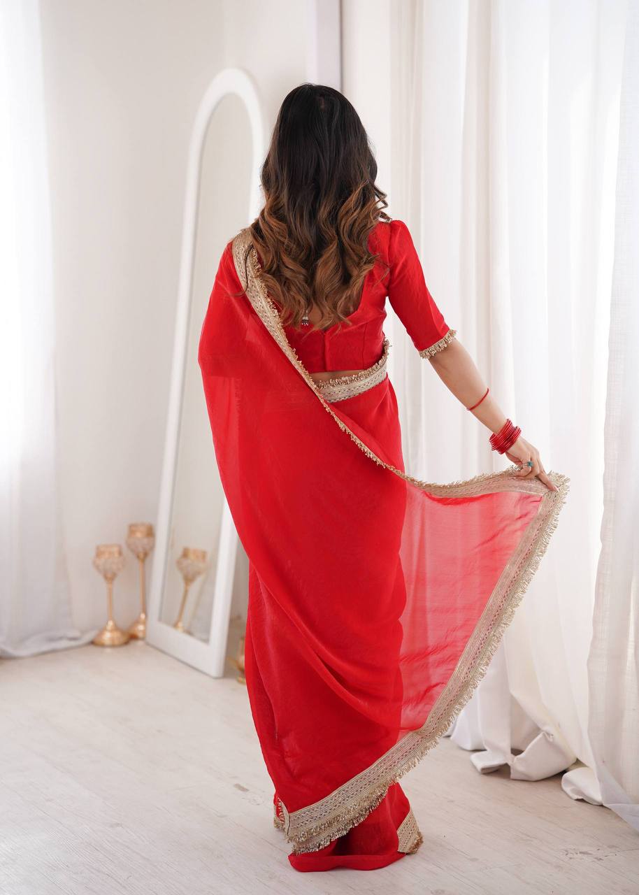 Women’s Red Fandy Satin Silk Saree with Fancy Sequins Lace Border & Unstitched Blouse - Vastra