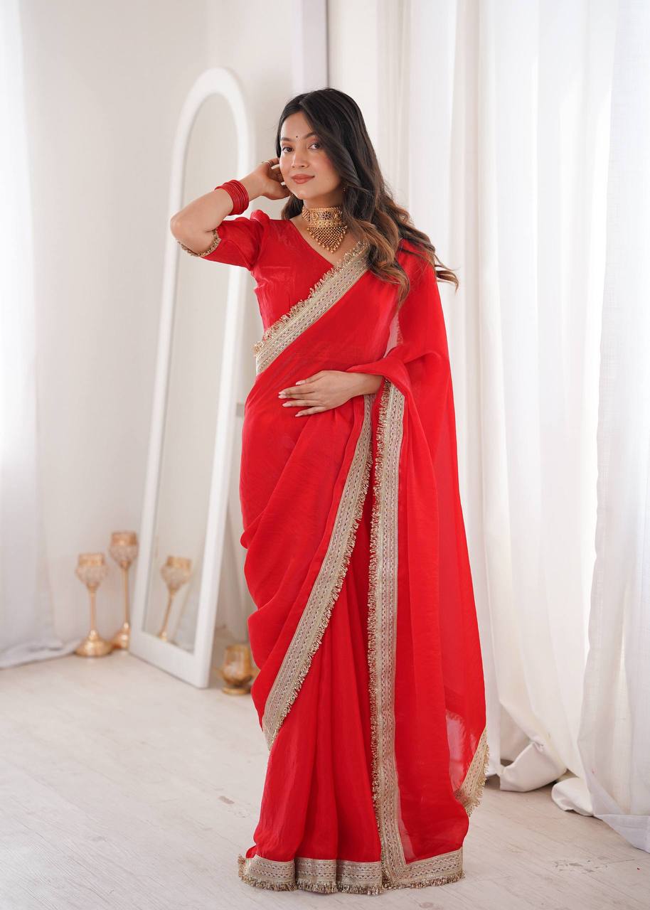 Women’s Red Fandy Satin Silk Saree with Fancy Sequins Lace Border & Unstitched Blouse - Vastra