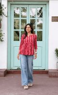 Women's Red Printed Cotton Peplum Top | 3/4 Sleeves | Round Neck Casual Ethnic Tunic for Daily Wear - Vastra