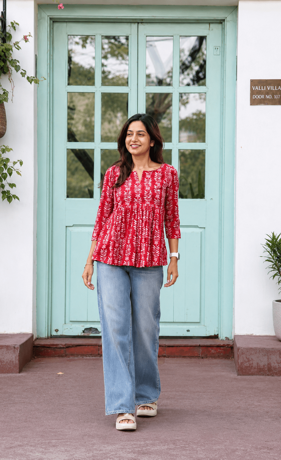 Women's Red Printed Cotton Peplum Top | 3/4 Sleeves | Round Neck Casual Ethnic Tunic for Daily Wear - Vastra