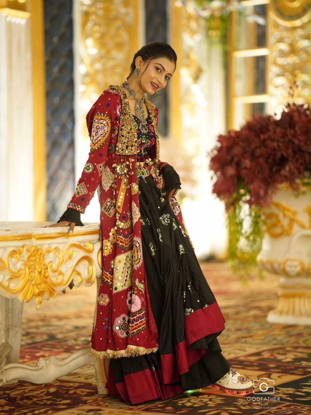 Women’s Traditional Gujarati Mirror Work Lehenga Choli Set | Maroon & Black Ethnic Dress | Embroidered Navratri Garba Outfit - Vastra