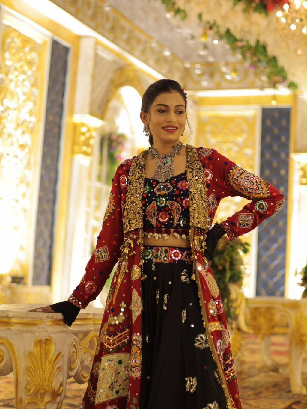 Women’s Traditional Gujarati Mirror Work Lehenga Choli Set | Maroon & Black Ethnic Dress | Embroidered Navratri Garba Outfit - Vastra