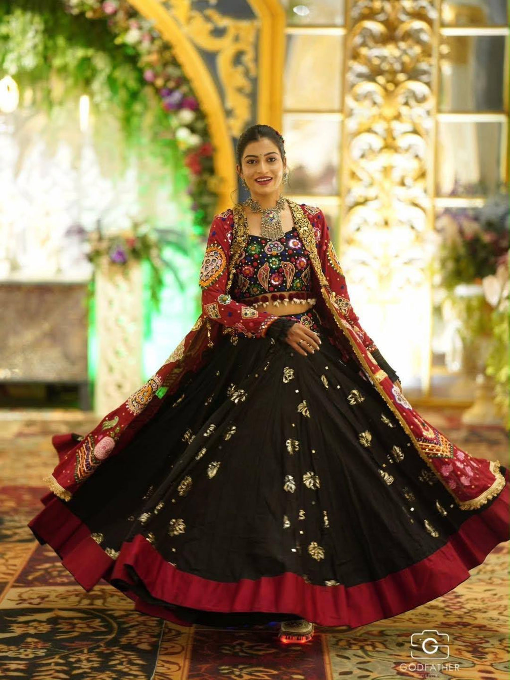 Women’s Traditional Gujarati Mirror Work Lehenga Choli Set | Maroon & Black Ethnic Dress | Embroidered Navratri Garba Outfit - Vastra