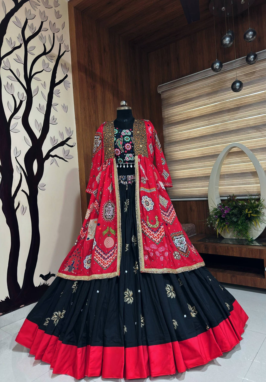 Women’s Traditional Gujarati Mirror Work Lehenga Choli Set | Maroon & Black Ethnic Dress | Embroidered Navratri Garba Outfit - Vastra
