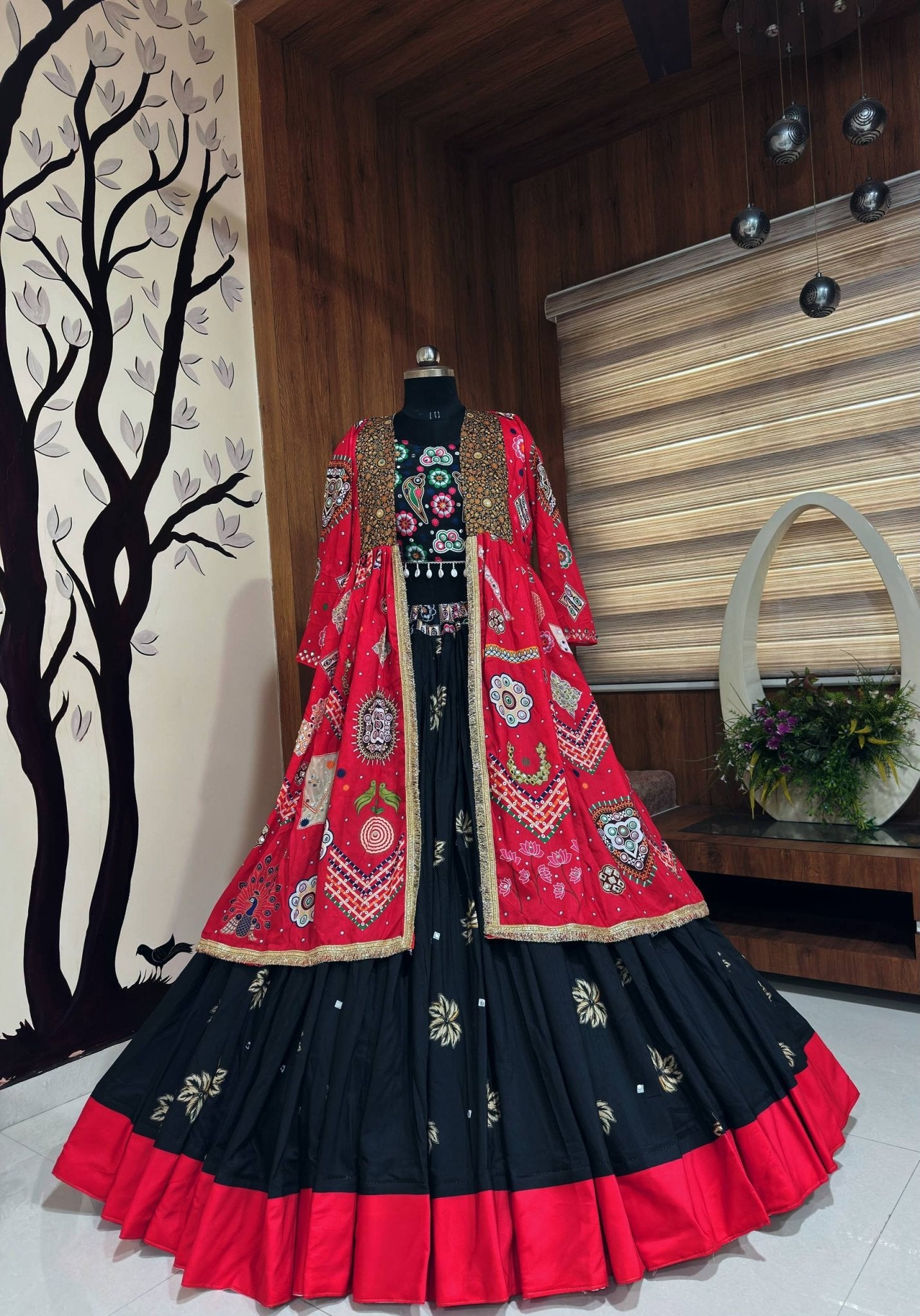 Women’s Traditional Gujarati Mirror Work Lehenga Choli Set | Maroon & Black Ethnic Dress | Embroidered Navratri Garba Outfit - Vastra