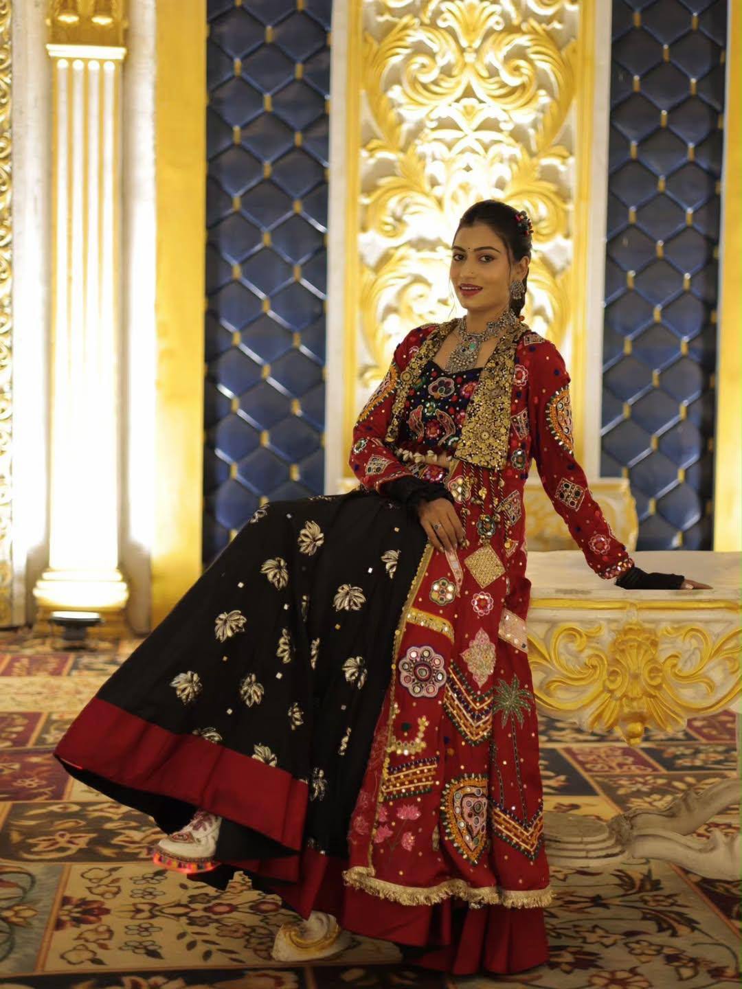 Women’s Traditional Gujarati Mirror Work Lehenga Choli Set | Maroon & Black Ethnic Dress | Embroidered Navratri Garba Outfit - Vastra