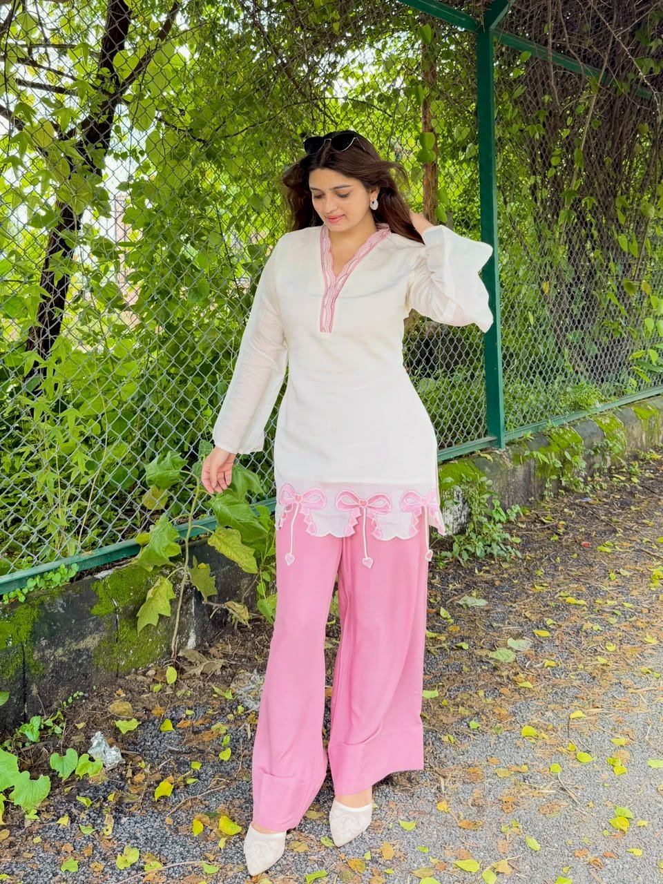 Women’s White & Pink Designer Kurta Pant Set | Embroidered Straight Kurti with Pink Palazzo Pants - Vastra