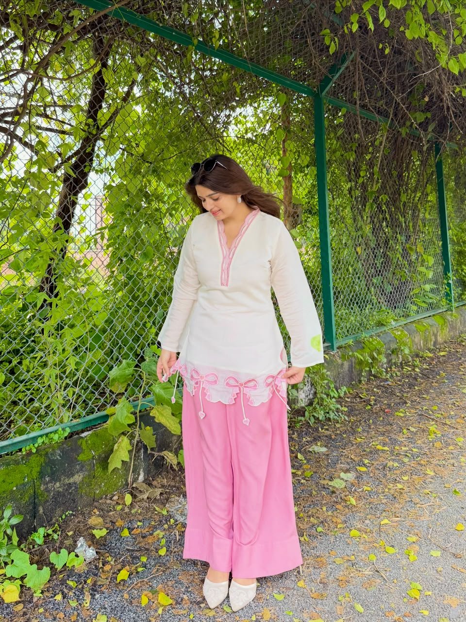 Women’s White & Pink Designer Kurta Pant Set | Embroidered Straight Kurti with Pink Palazzo Pants - Vastra