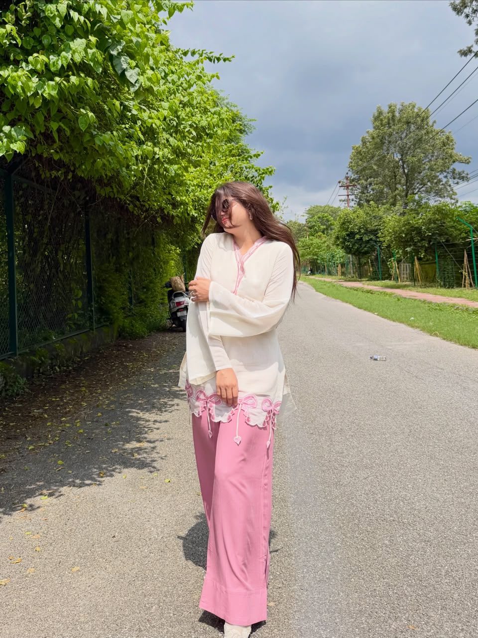 Women’s White & Pink Designer Kurta Pant Set | Embroidered Straight Kurti with Pink Palazzo Pants - Vastra