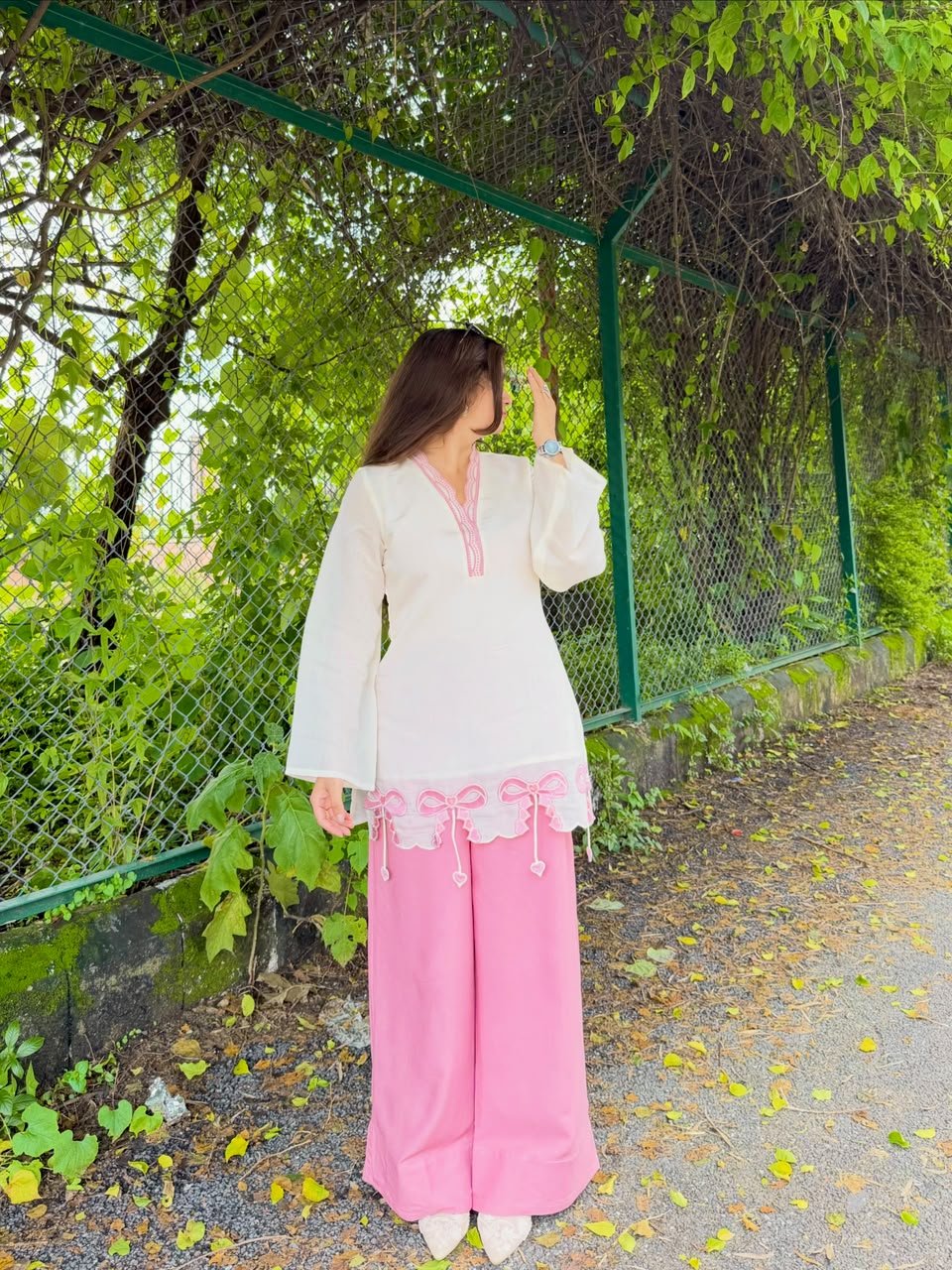Women’s White & Pink Designer Kurta Pant Set | Embroidered Straight Kurti with Pink Palazzo Pants - Vastra
