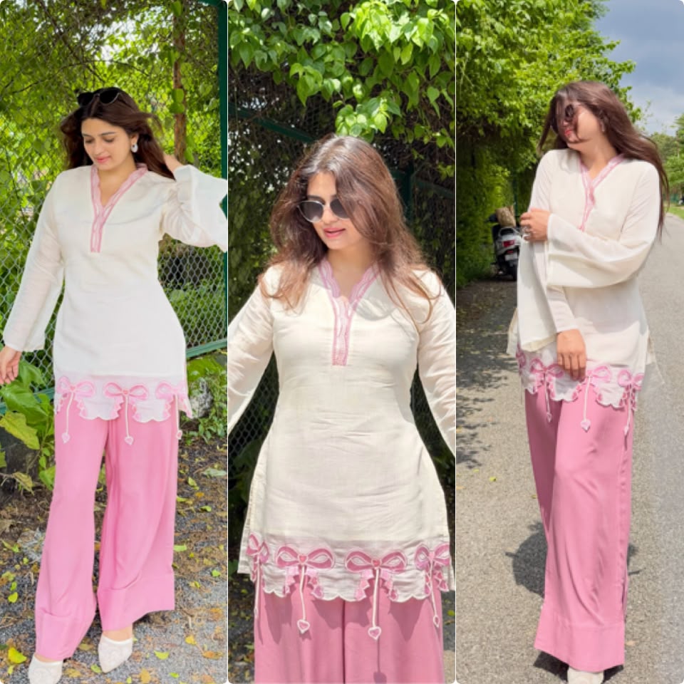 Women’s White & Pink Designer Kurta Pant Set | Embroidered Straight Kurti with Pink Palazzo Pants - Vastra
