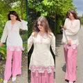 Women’s White & Pink Designer Kurta Pant Set | Embroidered Straight Kurti with Pink Palazzo Pants - Vastra