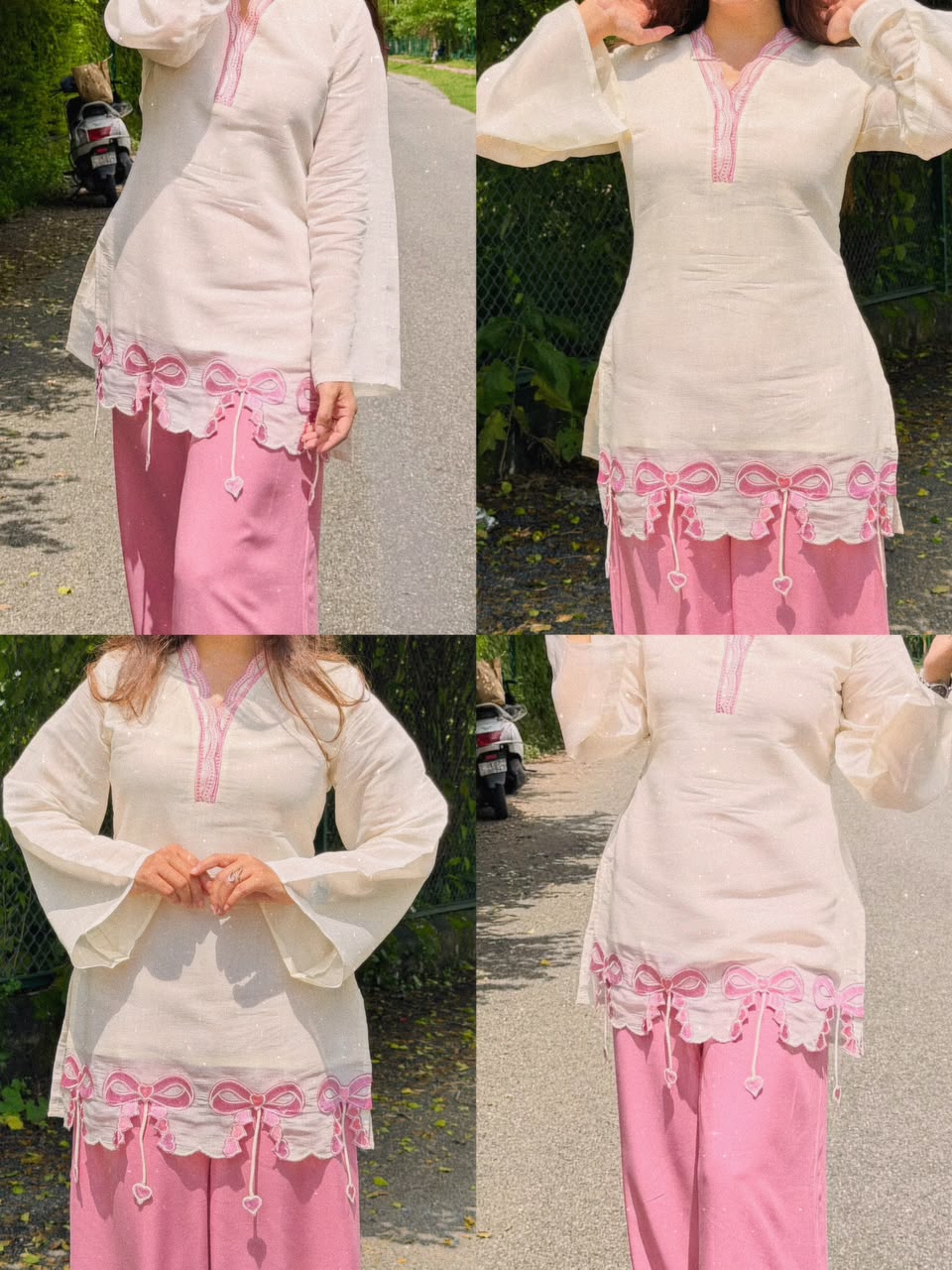 Women’s White & Pink Designer Kurta Pant Set | Embroidered Straight Kurti with Pink Palazzo Pants - Vastra
