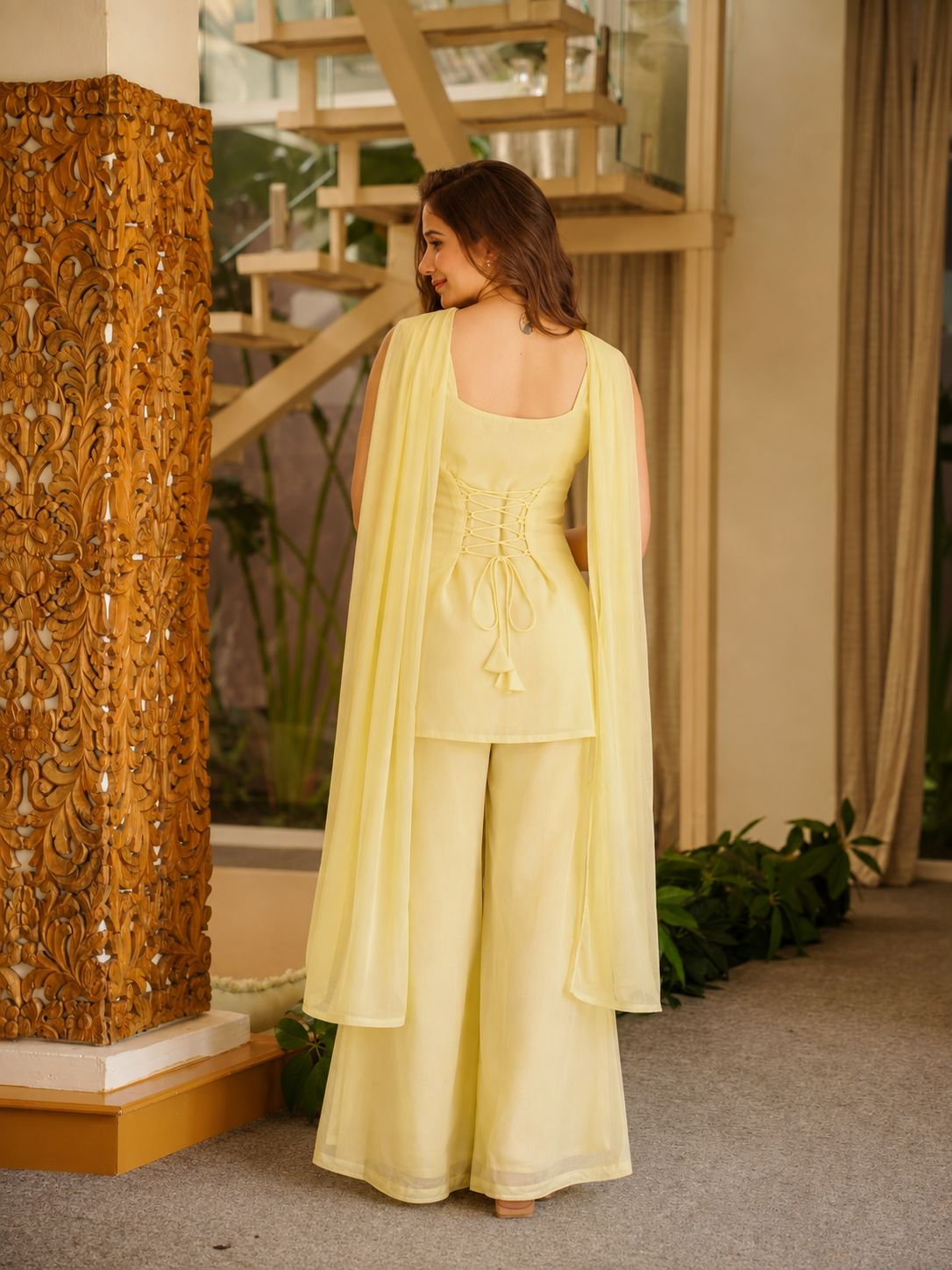 Yellow Punjabi Suit Set for Women | Embroidered Sleeveless Kurti with Palazzo Pants & Dupatta - Vastra