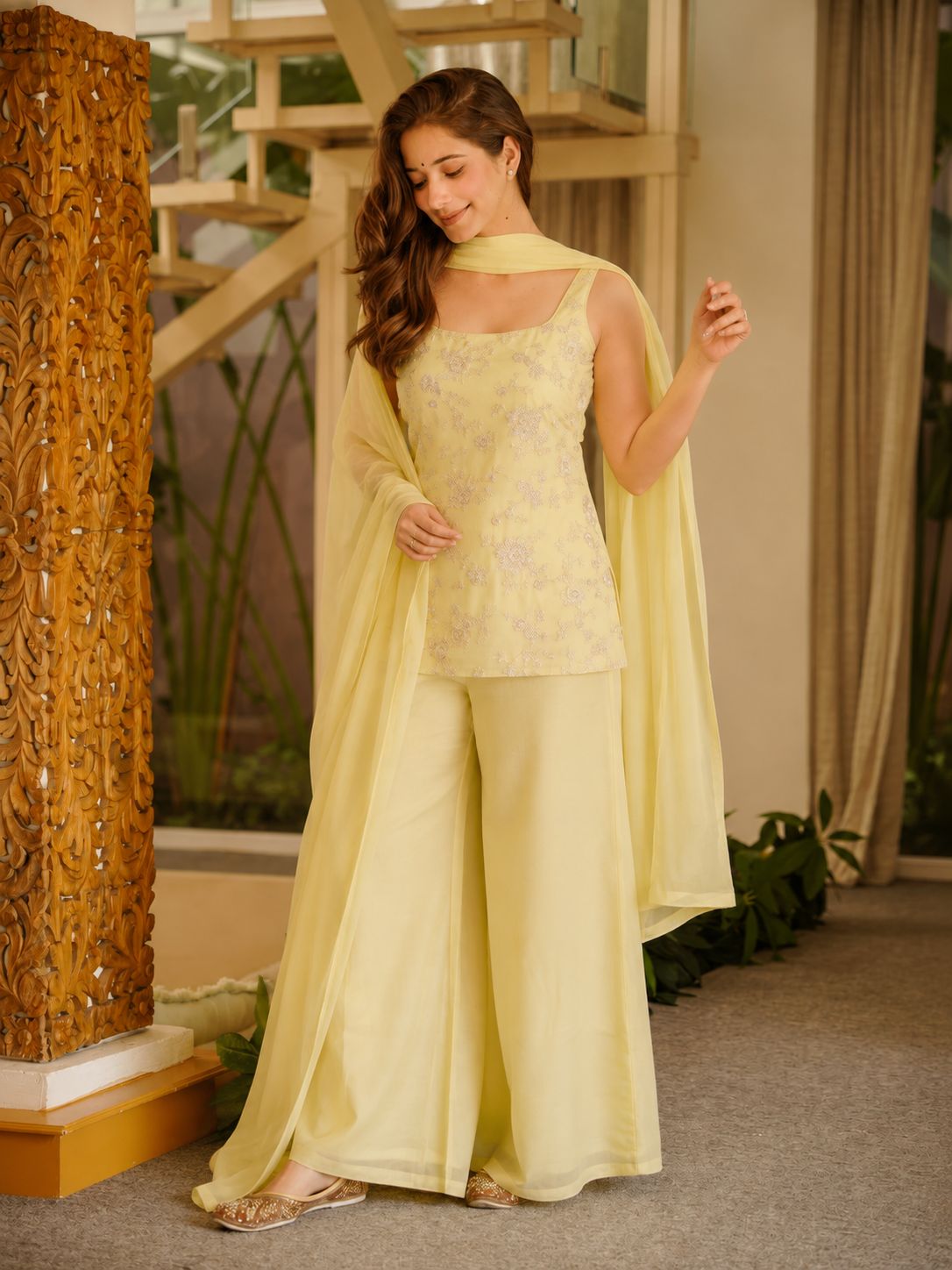 Yellow Punjabi Suit Set for Women | Embroidered Sleeveless Kurti with Palazzo Pants & Dupatta - Vastra
